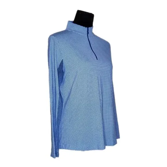 Ibkul Blue Mini Check Gingham Long Sleeve Mock Neck Top Size M Golf Pickleball - Picture 3 of 8